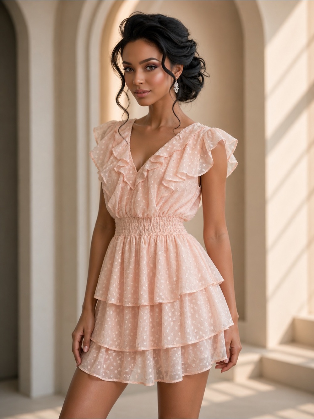 Haptics Pink Ruffle Tiered Dot Dress- NWOT Size Small